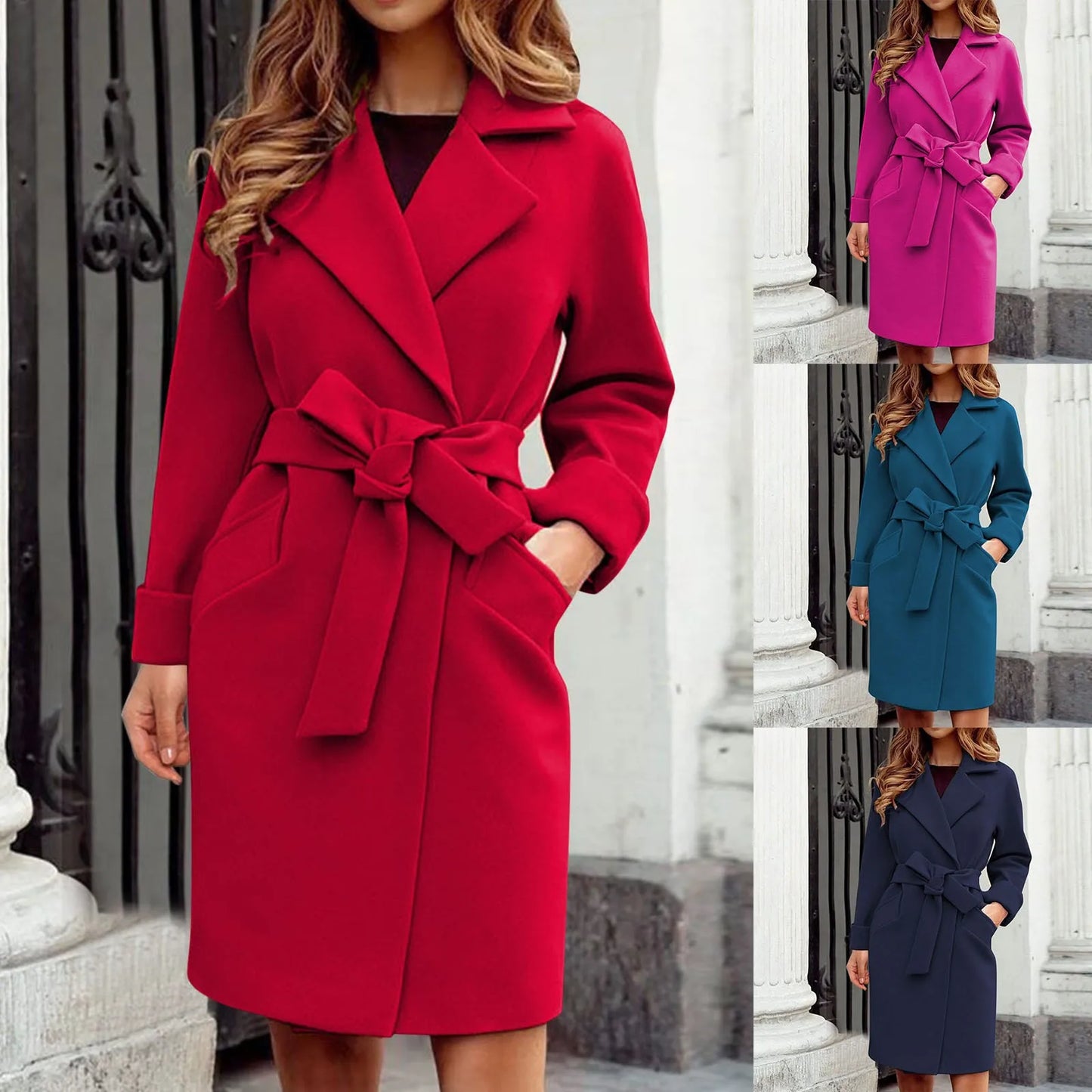 2023 Women Hot Pink Trench Coat Casual Mid Long Overcoat Lapel Open Front Cardigan Outwear Woolen Boot Winter Jackets for Women