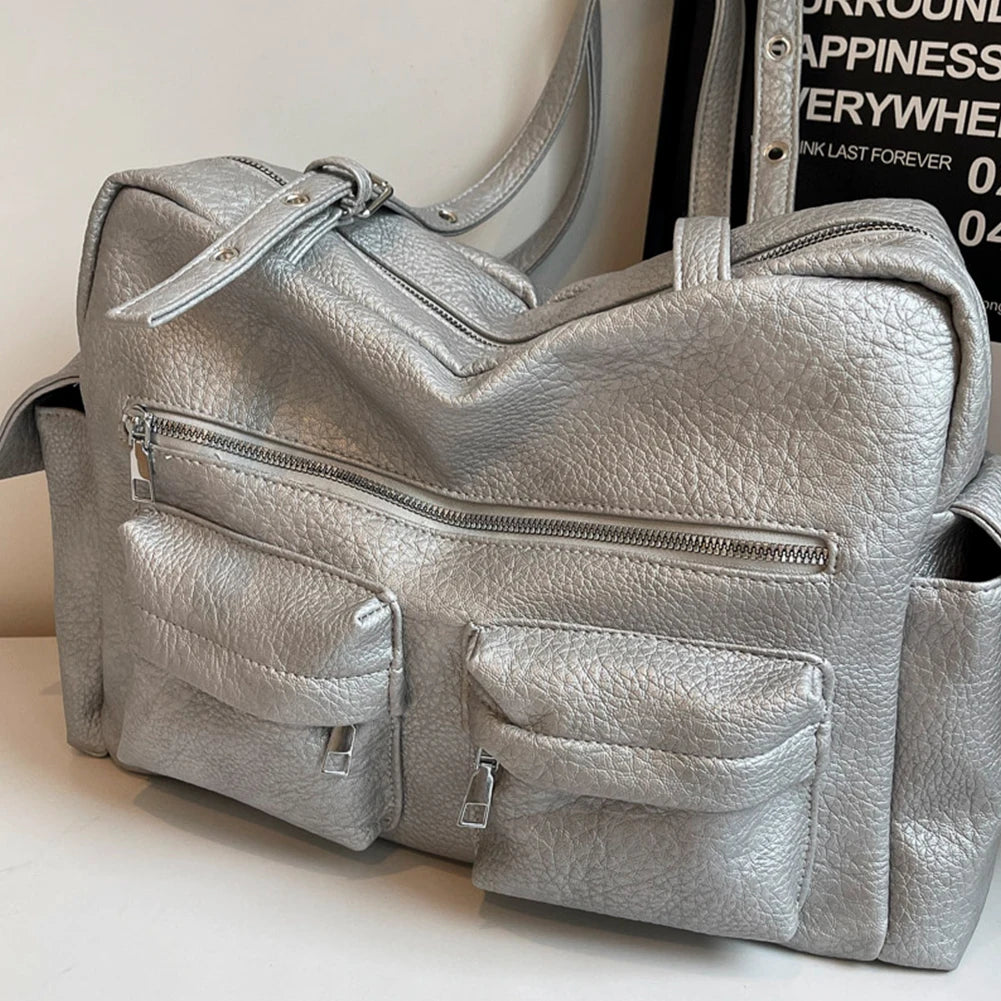 2024 Women PU Leather Shoulder Bag Multi-Pockets Underarm Bag Solid Versatile Commuting Handbag Adjustable Strap Armpit Tote Bag