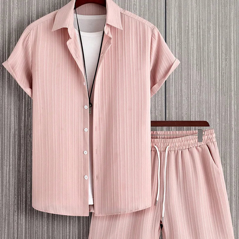 2024 夏季男士套裝條紋提花襯衫短袖扣領休閒輕薄透氣潮流街頭服飾