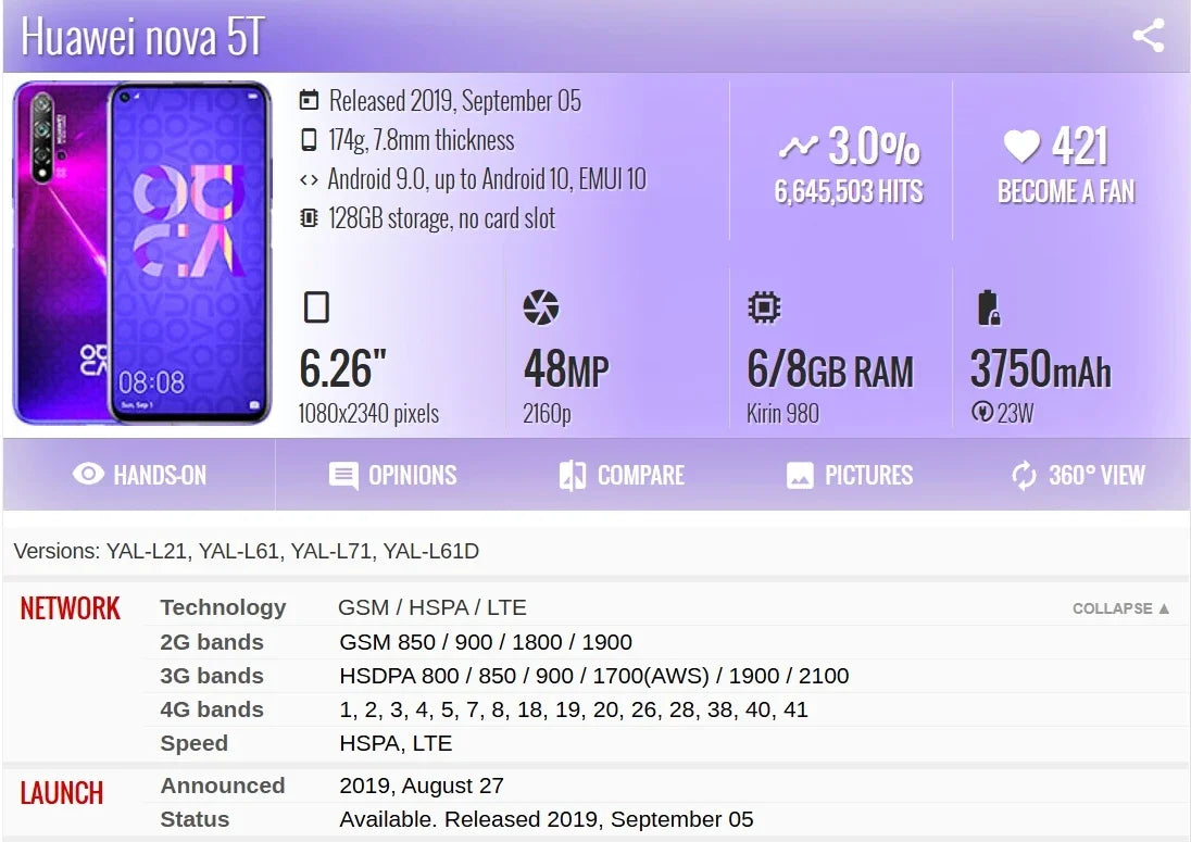 HUAWEI Nova 5T Smartphones Android Google Play Store 48MP Camera 6.26 inch 128GB 256GB ROM Mobile phones 4G Network Cell phone