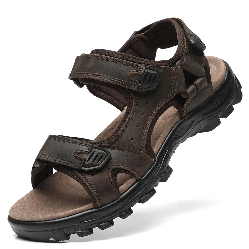 First-Layer Cowhide Men's Sports Sandals, Open-Toe Outdoor Non-Slip Sandals, Casual Men's Shoes, Outdoor Fashion Beach Shoes, Light and Comfortable, Can Be Worn by Men and Women, Suitable for Outdoor Hiking, Travel, Wo