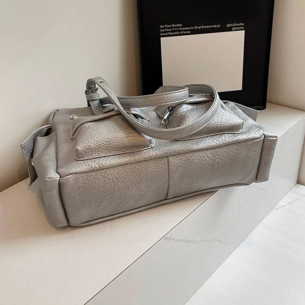 2024 Women PU Leather Shoulder Bag Multi-Pockets Underarm Bag Solid Versatile Commuting Handbag Adjustable Strap Armpit Tote Bag