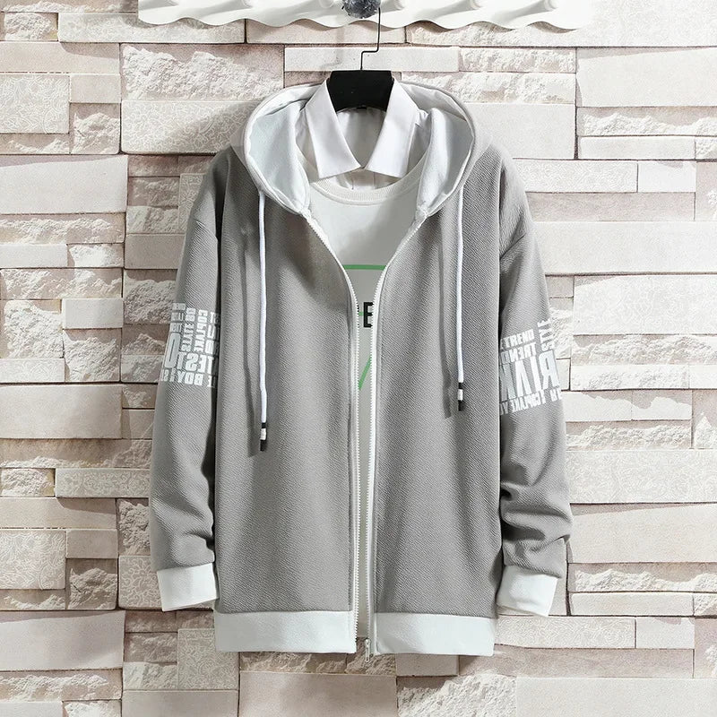 休閒男士運動套裝寬鬆連帽開襟運動衫褲子套裝春季秋季時尚服裝