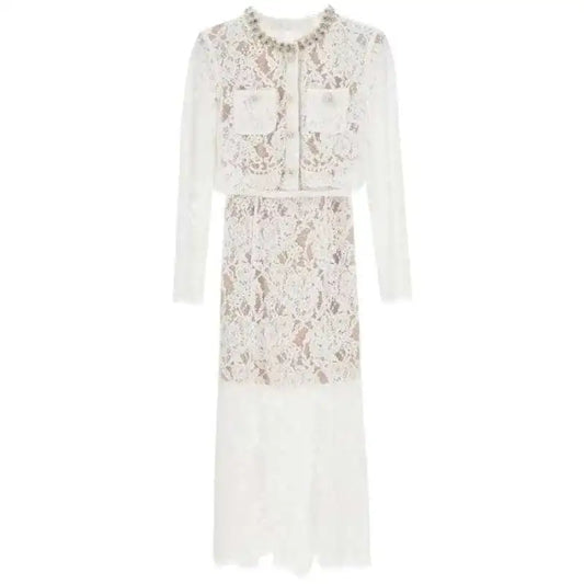 Luxury Lace Long Dress 2 Piece Sets Women 2025 Summer Holiday Hollow Out Embroidery Crystal Beaded Jackets Tops Maxi Skirt Suits