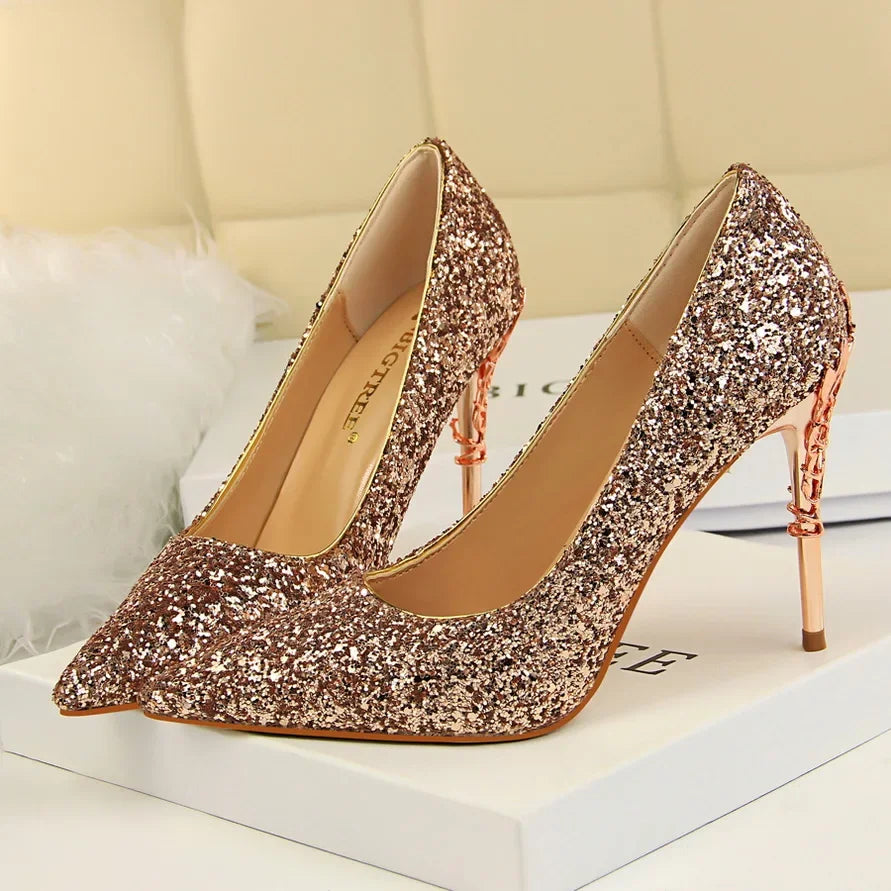 Women 9.5cm High Heels Pumps Lady Wedding Bridal Gold Silver Stiletto Heels Nightclub Event Party Sparkly Sequins Bling Shoes