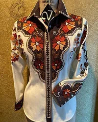 Women Vintage Print Long Sleeve Button Down Slim Shirt 2024 Spring Lady Retro Blouse Tops