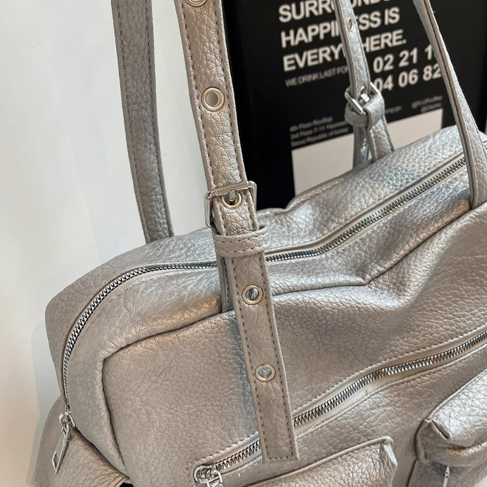 2024 Women PU Leather Shoulder Bag Multi-Pockets Underarm Bag Solid Versatile Commuting Handbag Adjustable Strap Armpit Tote Bag