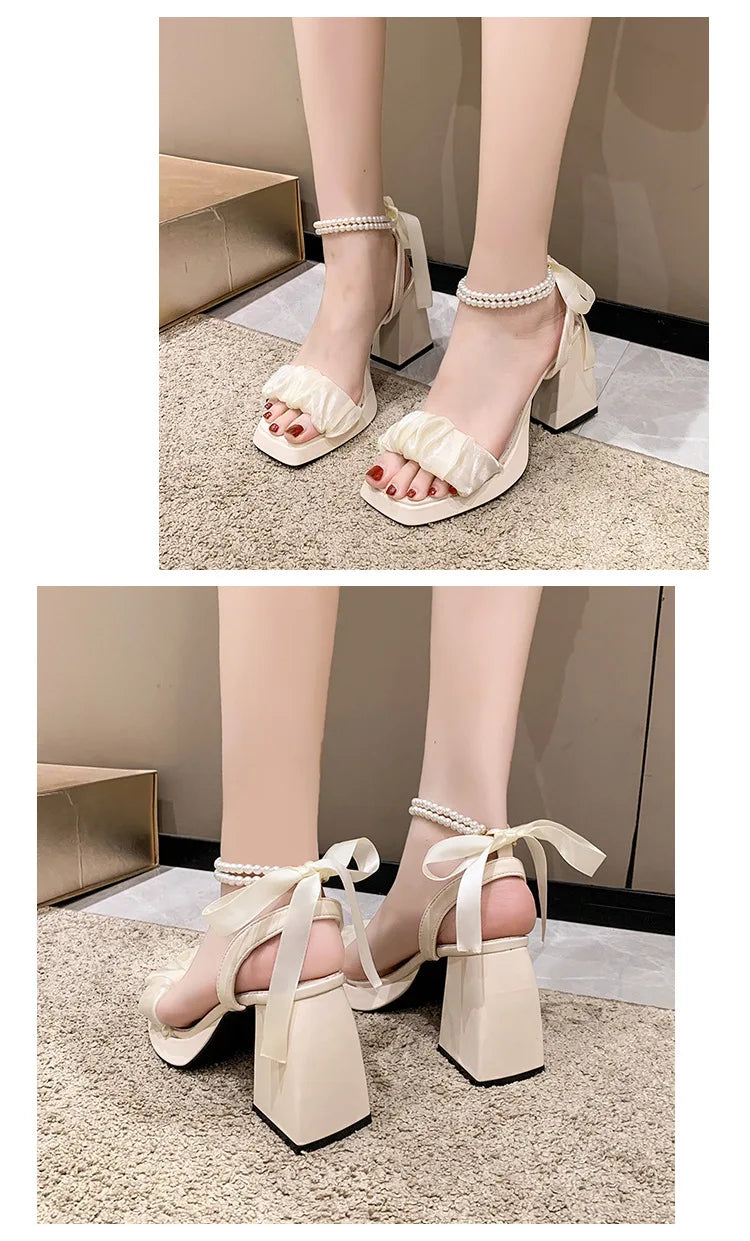 Comfort Shoes for Women Pearl Sandals Suit Female Beige Increasing Height Block Heels All-Match Black Bow 2024 Fashion Chunky Gi