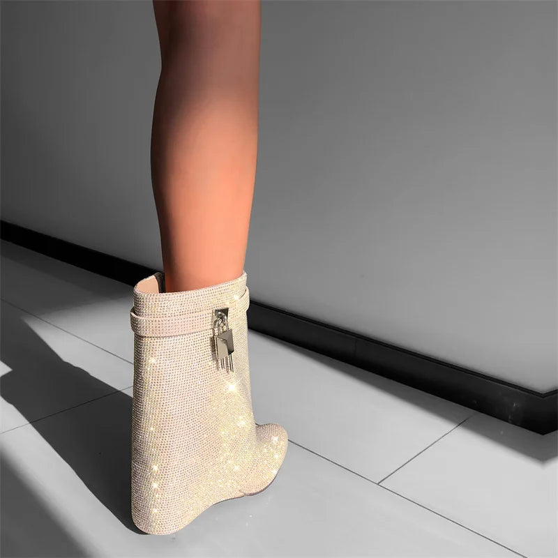 Onlymaker Women Rhinestone Fold Over Lock Shark Skirt Boots Pointed Toe Heel Thick High Heel Female Booties