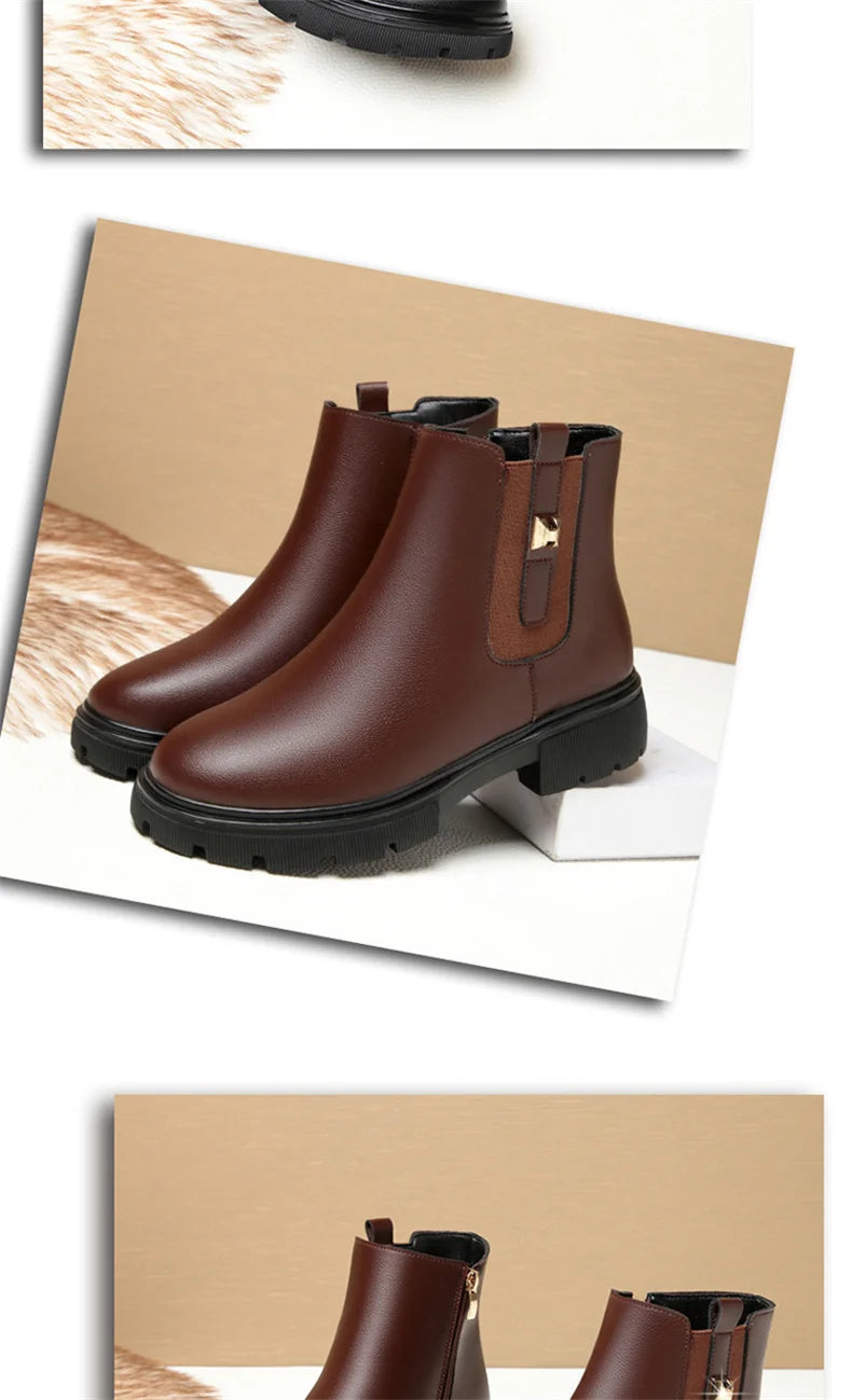 2024 British Style Women Chelsea Boots Square Heel Platform Comfortable Anti-slip Zip Ankle Boots Soft Leather Casual Boots
