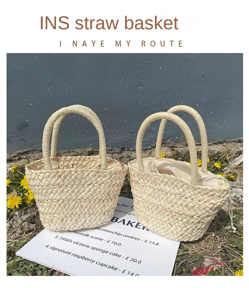 2024 New Straw Bag Portable Cute Korean Style All-match Small Basket Shopping Purse Summer Cool Retro