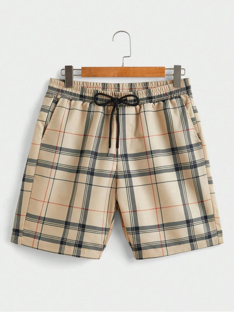 街頭休閒男士西裝個性時尚格紋印花圖案短袖翻領襯衫短褲男式兩件套