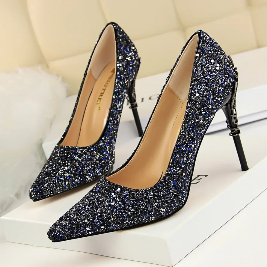 Women 9.5cm High Heels Pumps Lady Wedding Bridal Gold Silver Stiletto Heels Nightclub Event Party Sparkly Sequins Bling Shoes