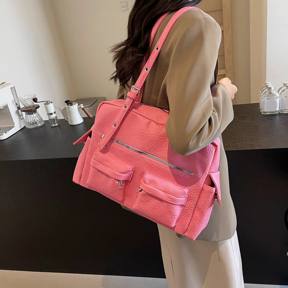 2024 Women PU Leather Shoulder Bag Multi-Pockets Underarm Bag Solid Versatile Commuting Handbag Adjustable Strap Armpit Tote Bag