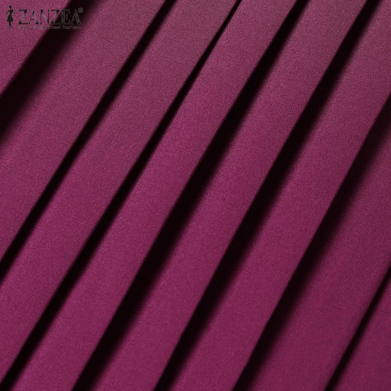 ZANZEA Short Sleeve Korean Fashion Party Dress Elegant Solid Waist-Cinched Pleated A-line Robes Women O Neck Knee-length Dress