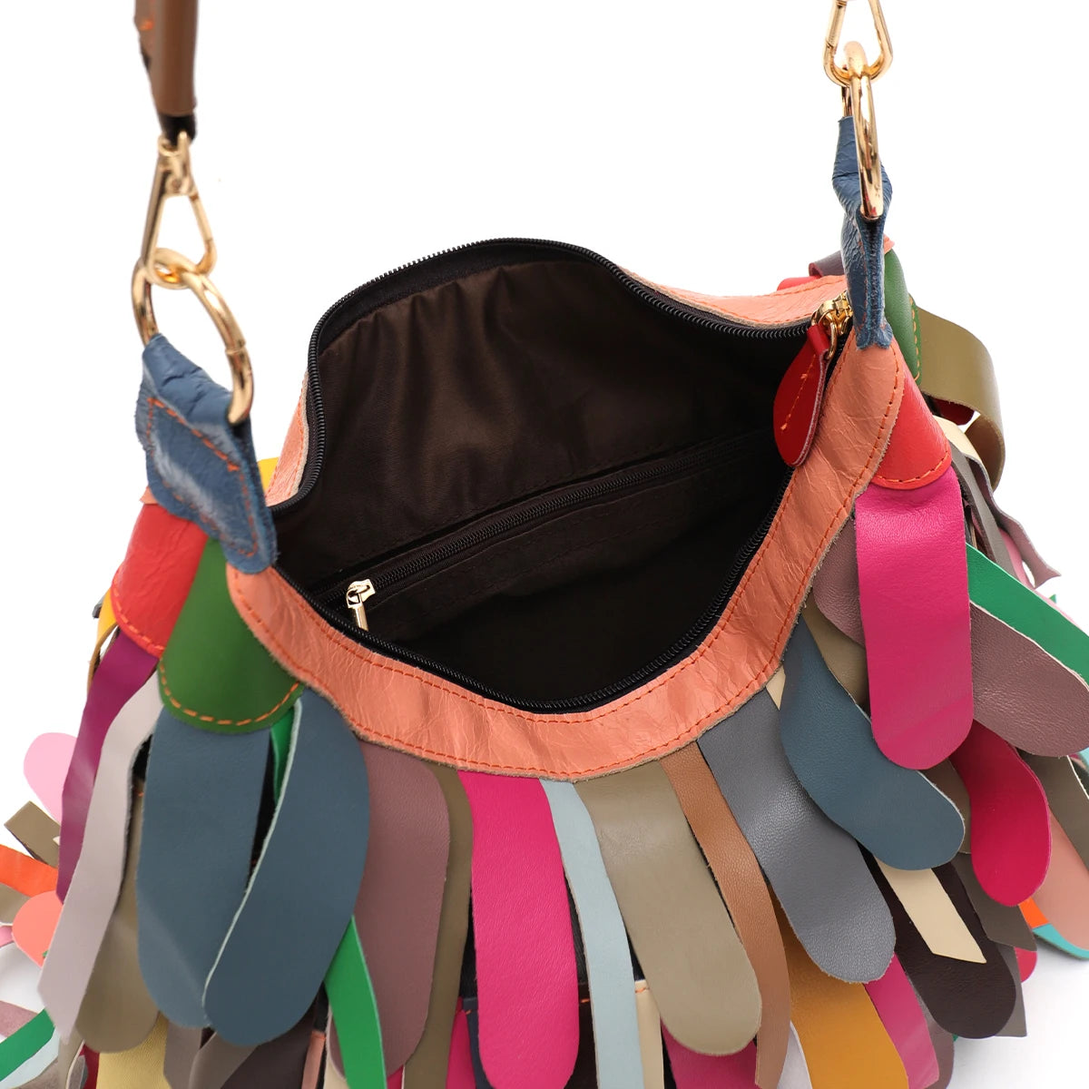 Women Daily Casual Slouchy Boho Style Colorful Real Sheepskin Tassel Fringe Hobo Shoulder Cross body Bag Genuine Leather Handbag