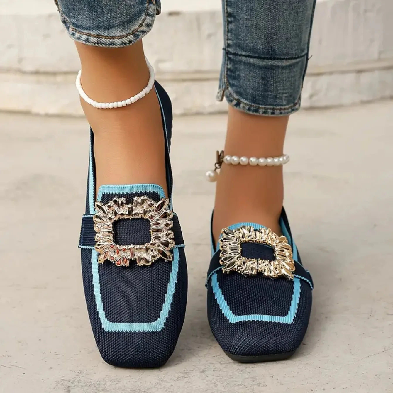 Women Flats Spring 2025 New Large Size Flat Loafers Shoes Women Knitting Slip-on Square Head Breathable Fashion Shoes for Women