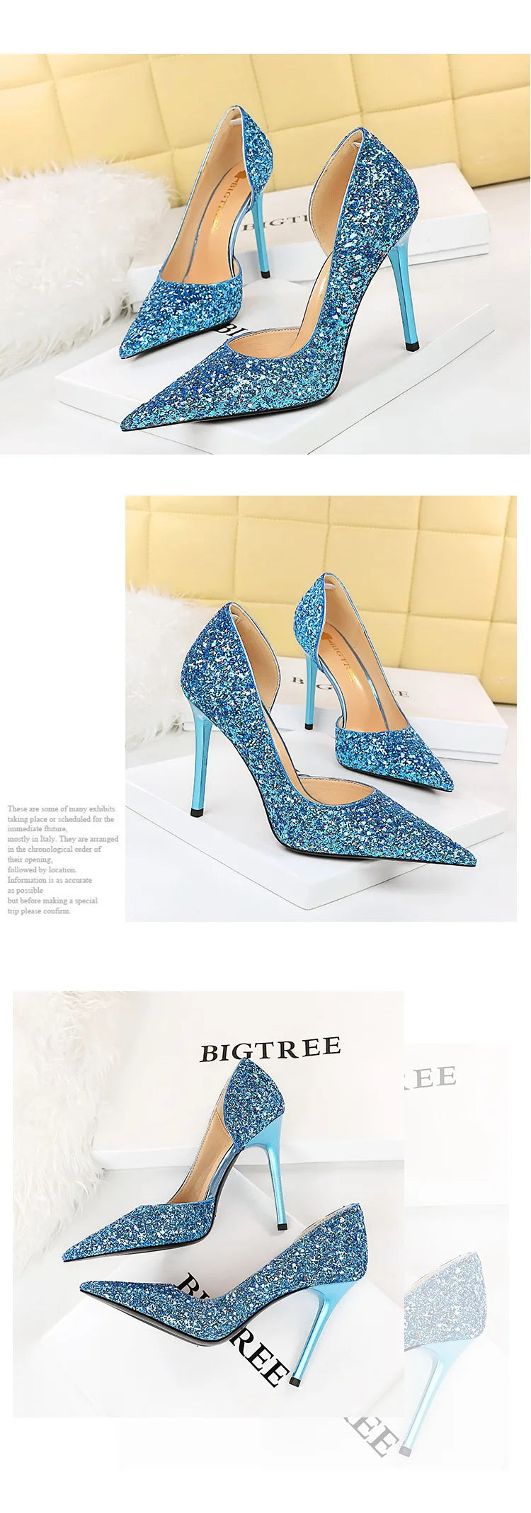BIGTREE Women 7cm 11cm Super High Heels Blue Gold Pumps Sexy Sequins Bling Low Heels Lady Scarpins Luxury Stiletto Sparkly Shoes