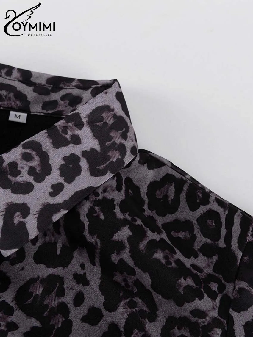 Oymimi Fashion Brown Leopard Print Women's Dress Elegant Long Sleeve Buton Lace-Up Dresses Casual Cascading Ruffle Mini Dresses