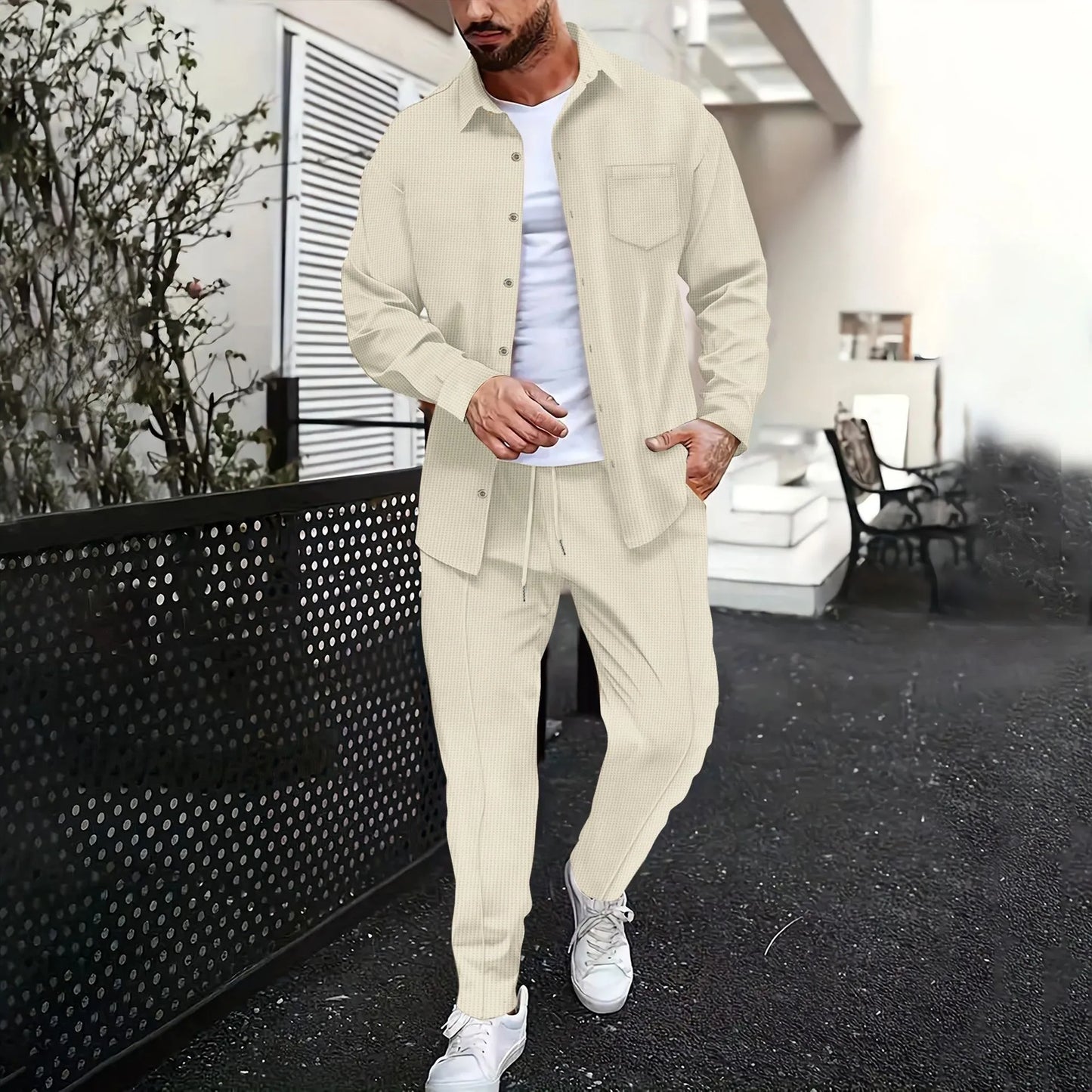 2025春秋季新款男士日常休閒華夫格開襟衫長袖襯衫兩件套褲子