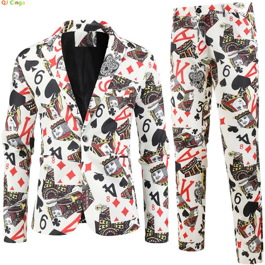 薄款男士西裝兩件套,撲克圖案印花裝飾外套配褲子,時尚休閒男套裝