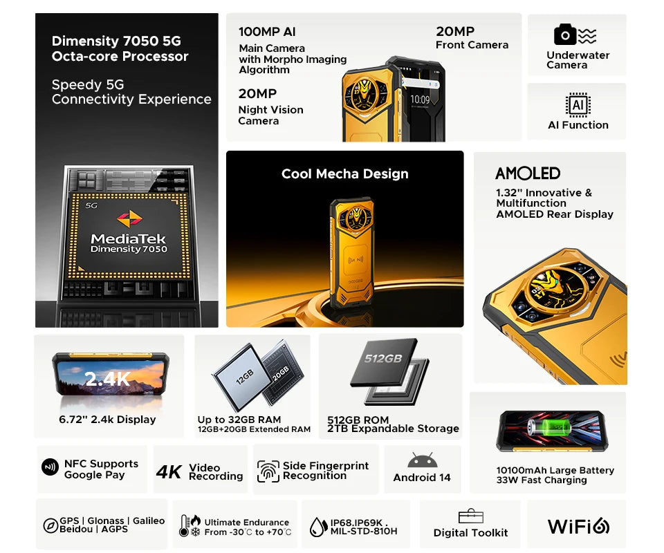 Doogee S200 X 5g Rugged Phone 12+512Gb Smartphone 6.72” Fhd+120Hz Ips Screen Dimensity 7050 10100Mah Battery Ai Mobilephones