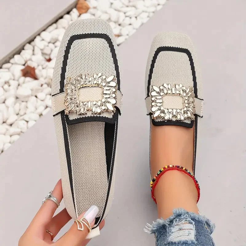 Women Flats Spring 2025 New Large Size Flat Loafers Shoes Women Knitting Slip-on Square Head Breathable Fashion Shoes for Women