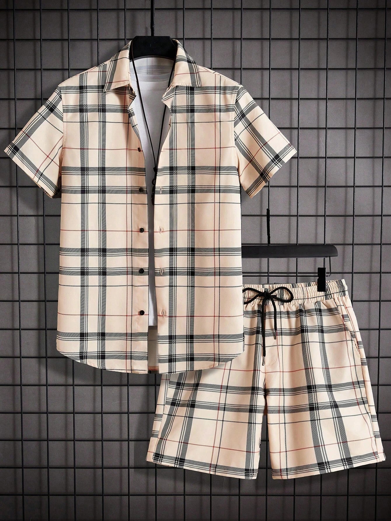 街頭休閒男士西裝個性時尚格紋印花圖案短袖翻領襯衫短褲男式兩件套