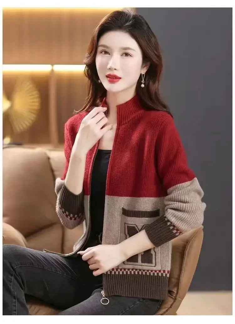 Sping Autumn New Women Sweaters Coats Stand Collar Zipper Contrast Color Pocket Fashion All-match Long Sleeve Cardigan Knit Tops