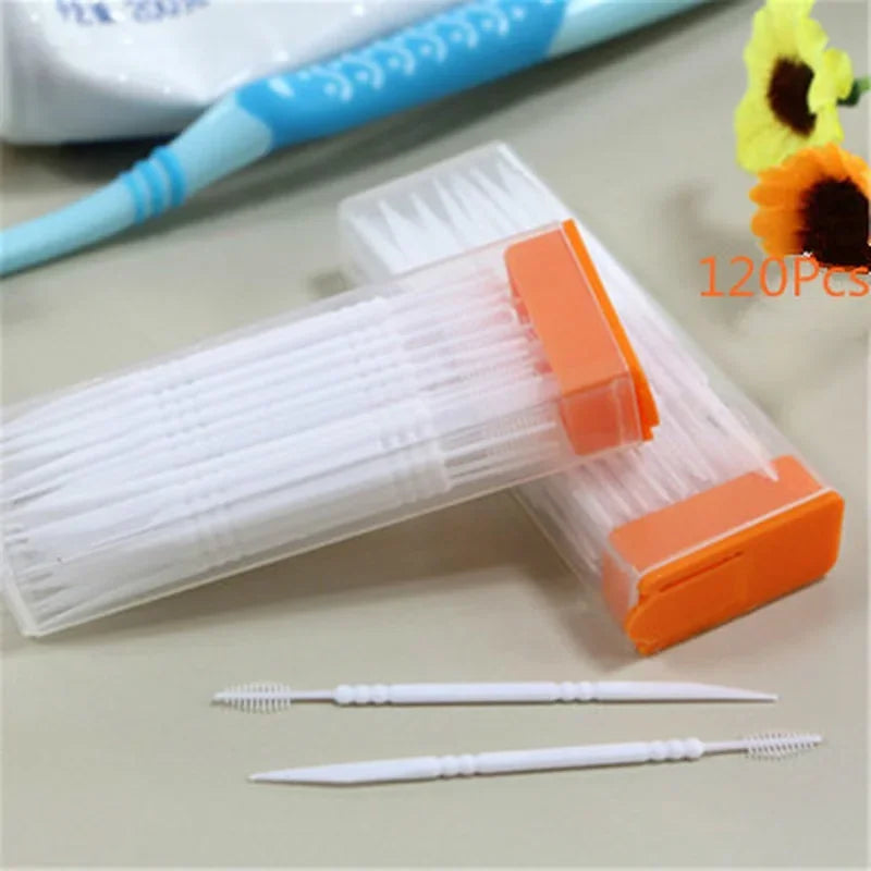 100pcs Double-headed Dental Brush Teeth Sticks Floss Pick Toothpick Tooth Clean Oral Care Interdental Food Grade PP