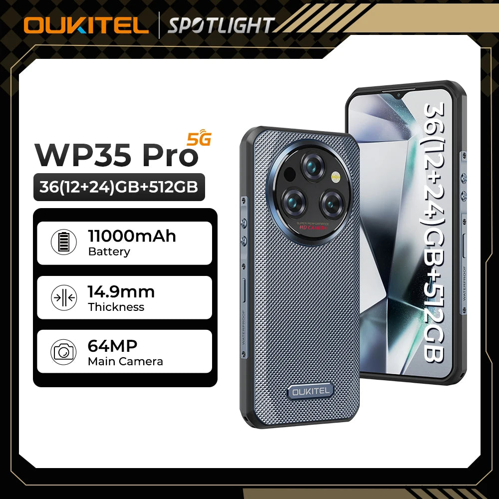 Oukitel WP35 Pro 11000mAh Rugged Smartphone 5G 11000mAh 36GB+512GB Andiron 14 64MP NFC Cell Phone