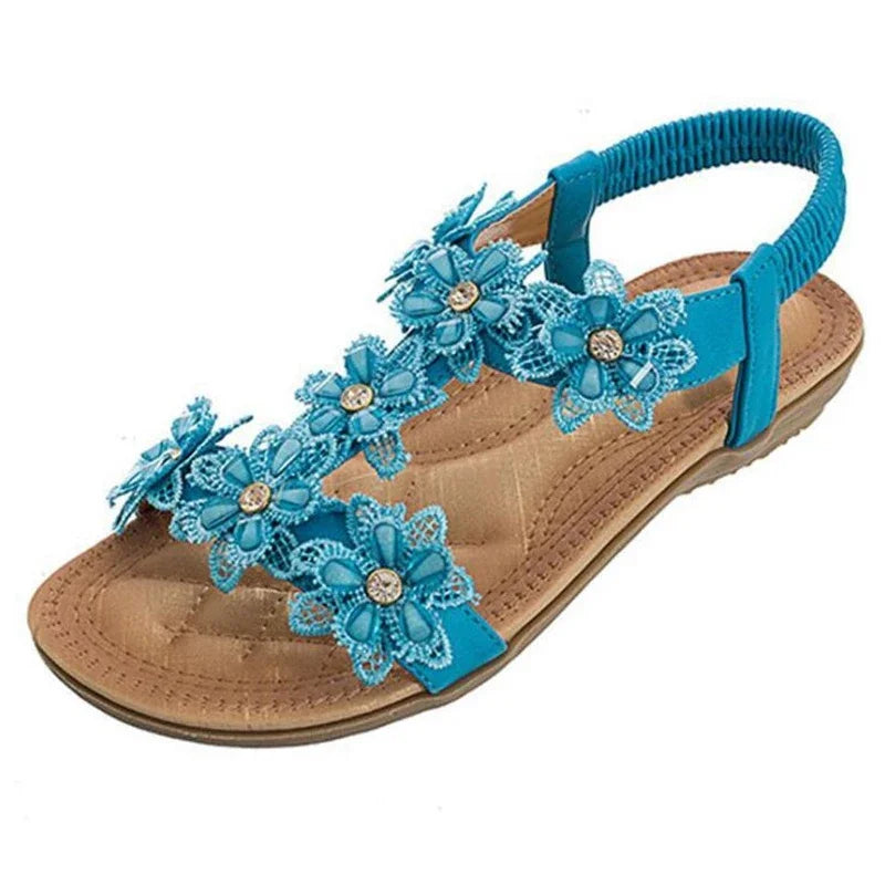 BEYARNEComfortable flat sandals women big size summer shoes woman bohemia flowers rhinestone beach ladies shoes thongs
