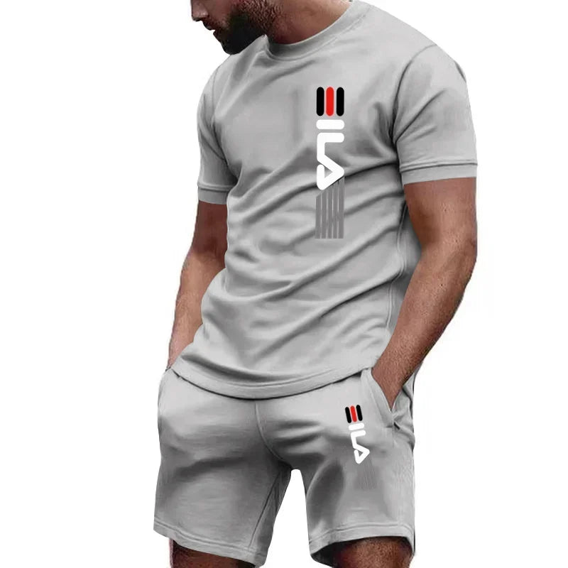 男士套裝:優質防曬棉超舒適夏季透氣短袖T卹+休閒慢跑短褲2件套男