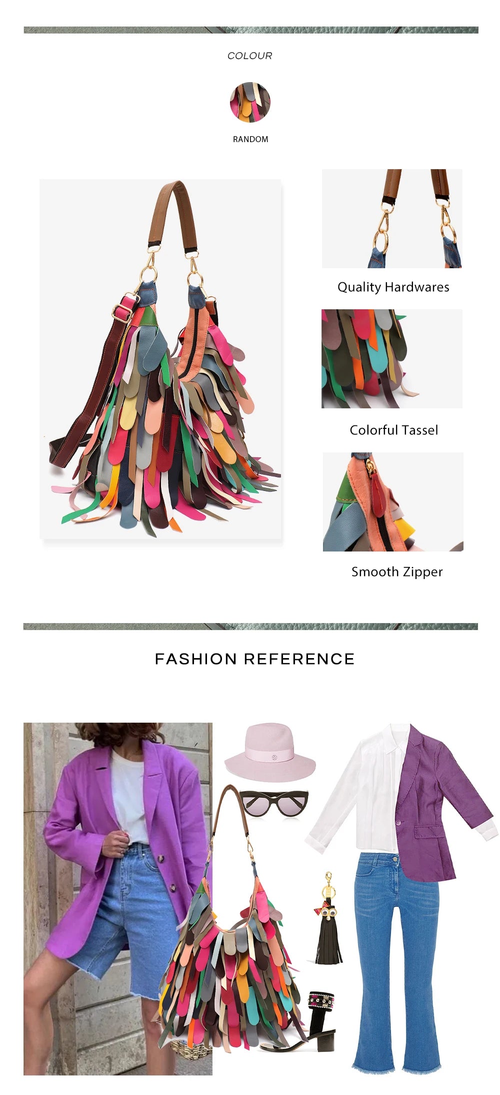 Women Daily Casual Slouchy Boho Style Colorful Real Sheepskin Tassel Fringe Hobo Shoulder Cross body Bag Genuine Leather Handbag