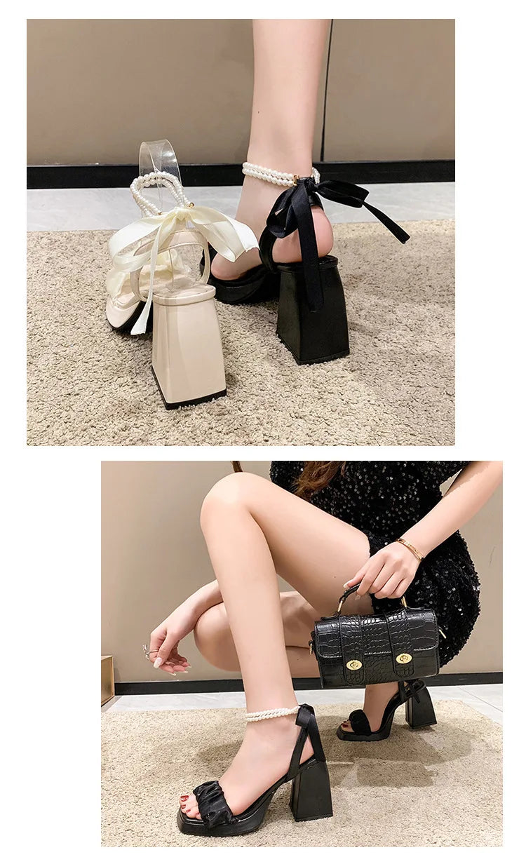 Comfort Shoes for Women Pearl Sandals Suit Female Beige Increasing Height Block Heels All-Match Black Bow 2024 Fashion Chunky Gi