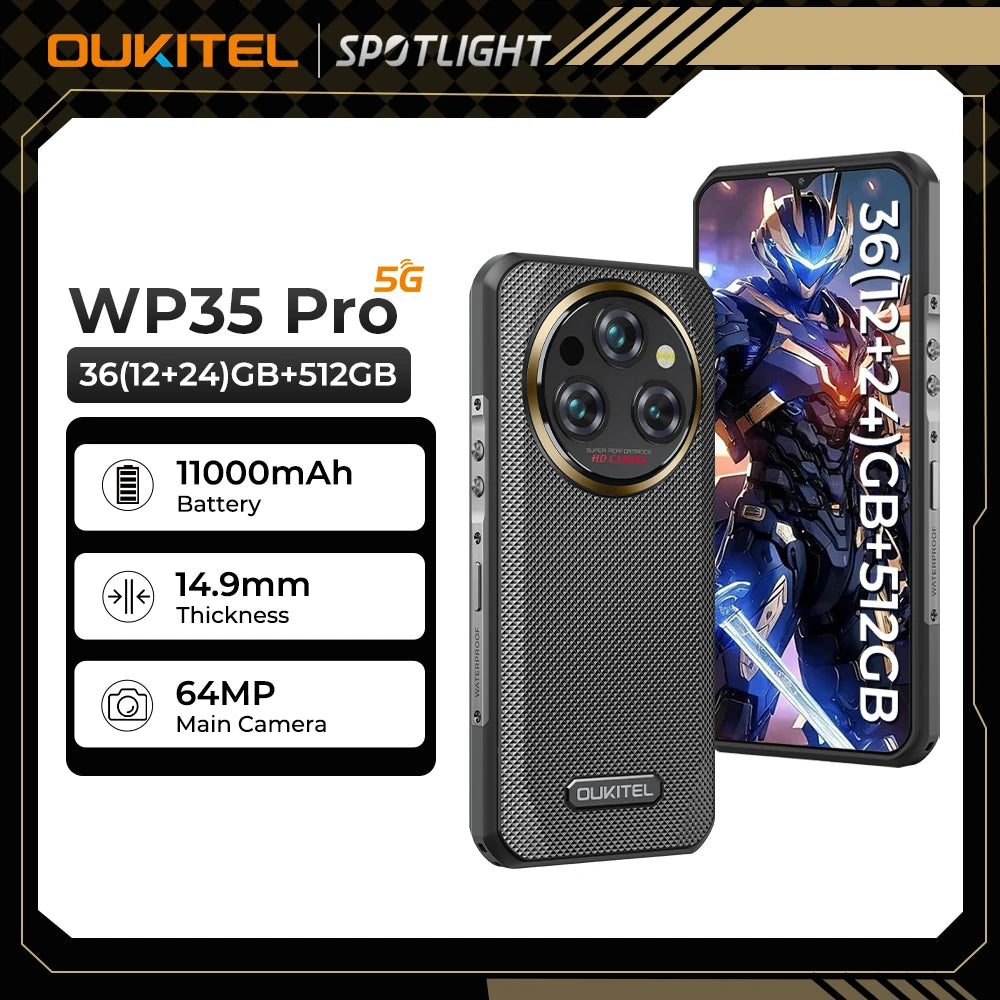 Oukitel WP35 Pro 11000mAh Rugged Smartphone 5G 11000mAh 36GB+512GB Andiron 14 64MP NFC Cell Phone