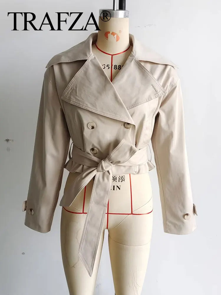 TRAFZA 2025 Spring Retro V-neck Double Breasted Women's Pocket Top Loose Jacket Women's Street Casual Lace-up Short Trench Coat