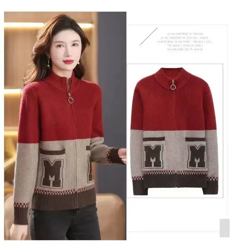 Sping Autumn New Women Sweaters Coats Stand Collar Zipper Contrast Color Pocket Fashion All-match Long Sleeve Cardigan Knit Tops