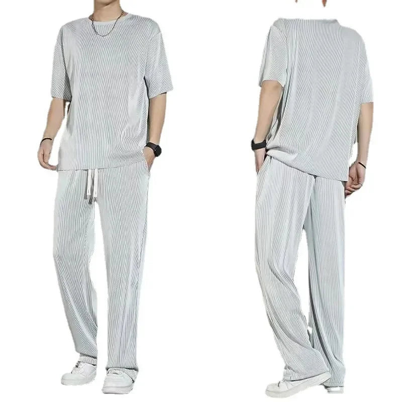 男士冰絲運動套裝夏季薄款2024新款休閒長褲短袖T卹速乾套裝