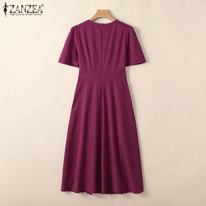 ZANZEA Short Sleeve Korean Fashion Party Dress Elegant Solid Waist-Cinched Pleated A-line Robes Women O Neck Knee-length Dress