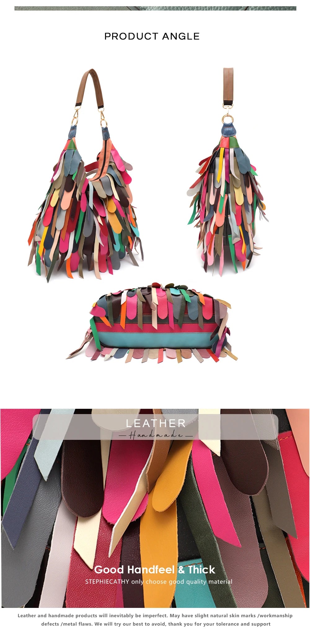 Women Daily Casual Slouchy Boho Style Colorful Real Sheepskin Tassel Fringe Hobo Shoulder Cross body Bag Genuine Leather Handbag