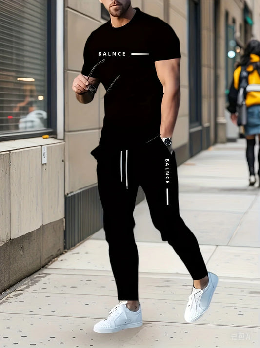 2025夏季新款3D數位印花休閒時尚短袖長褲男士套裝
