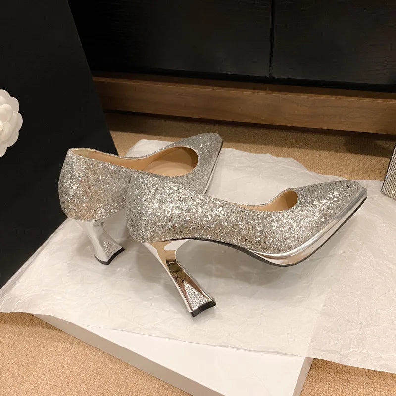 Fashion Sequined Women Pumps 2024New Women's Shoes Pointed Toe Shallow Mouth Shoes Female Comfort Women High Heels spring autumn