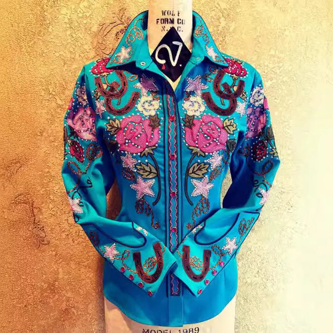 Women Vintage Print Long Sleeve Button Down Slim Shirt 2024 Spring Lady Retro Blouse Tops