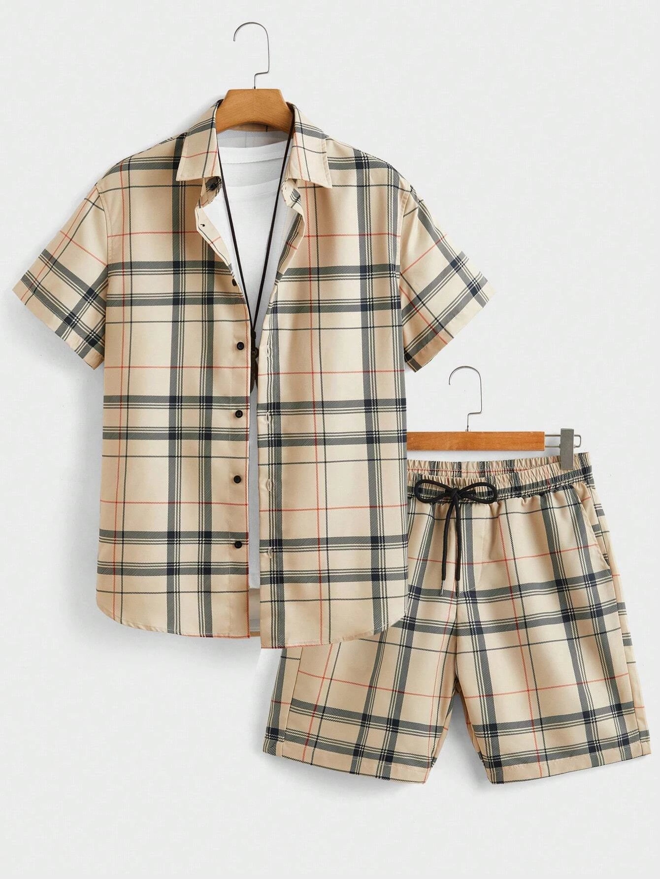 街頭休閒男士西裝個性時尚格紋印花圖案短袖翻領襯衫短褲男式兩件套