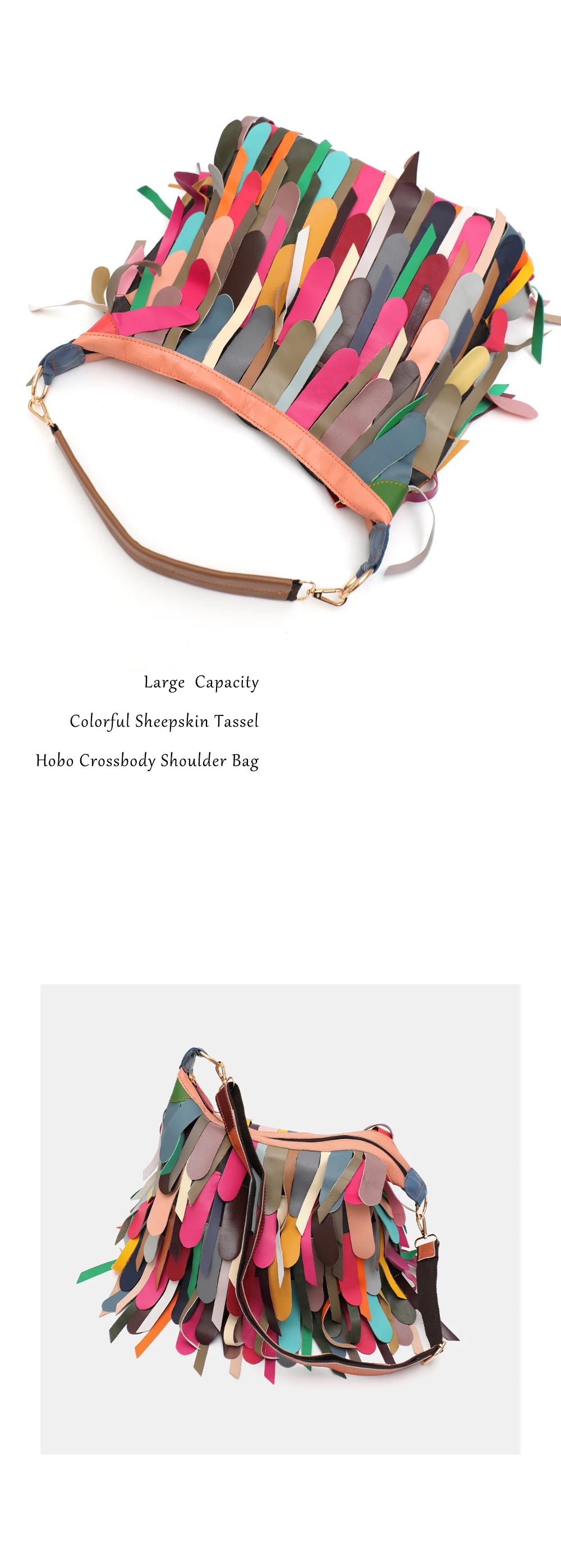 Women Daily Casual Slouchy Boho Style Colorful Real Sheepskin Tassel Fringe Hobo Shoulder Cross body Bag Genuine Leather Handbag