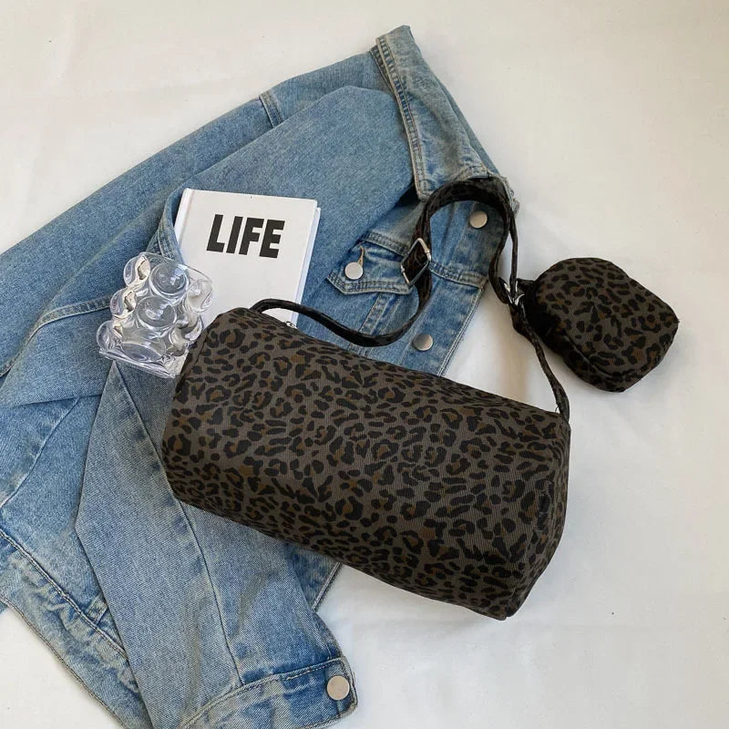 Korean Version Niche Leopard Print Canvas Armpit Bag for Women New Trendy Fashion Shoulder Bag Commuting Versatile Pillow Bag