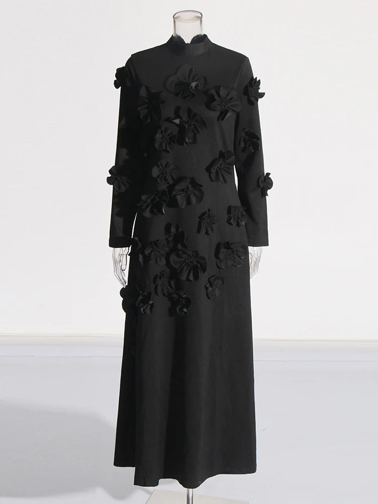 TWOTWINSTYLE Solid Spliced Appliques Slimming Dresses For Women Half High Collar Long Sleeves A Line Temperament Dress Female