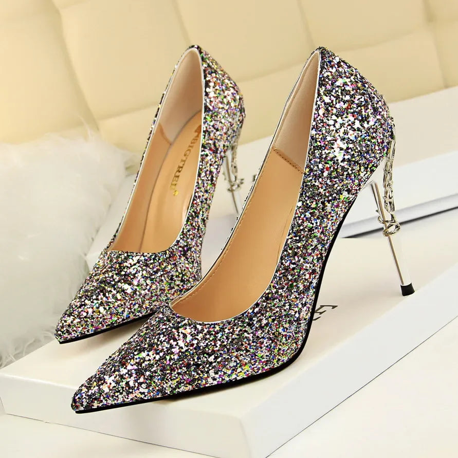 Women 9.5cm High Heels Pumps Lady Wedding Bridal Gold Silver Stiletto Heels Nightclub Event Party Sparkly Sequins Bling Shoes
