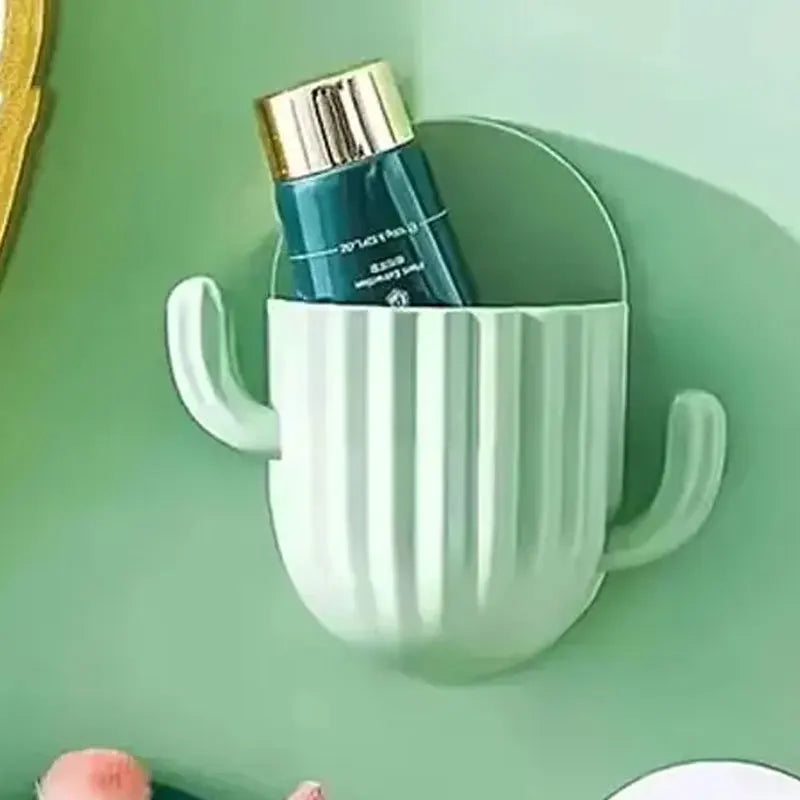 Cute Cactus Makeup Brush Holder,Wall Mounted Sundries Box Self-Adhesive Shaver Rack,Kitchen Bathroom Toothbrush Storage Containe